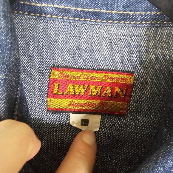 Vtg Lawman Western Pearl Snap Denim Shirt L Faux Suede Rodeo Retro Rockabilly - Picture 5 of 11